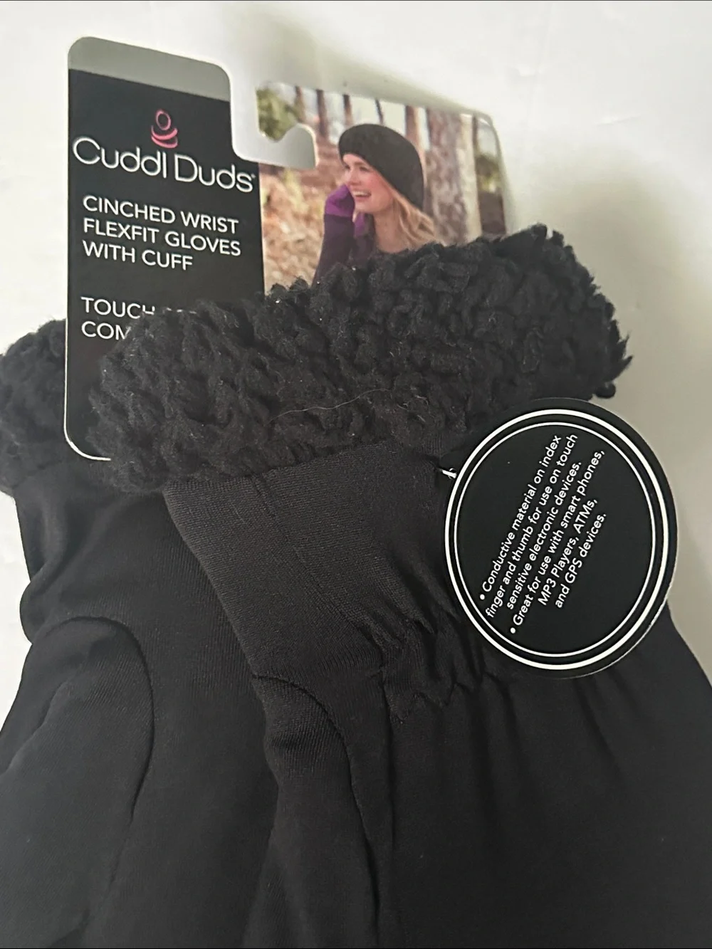 Women’s Cuddl Duds Black Touch Screen Winter Gloves with Faux-Fur Cuff